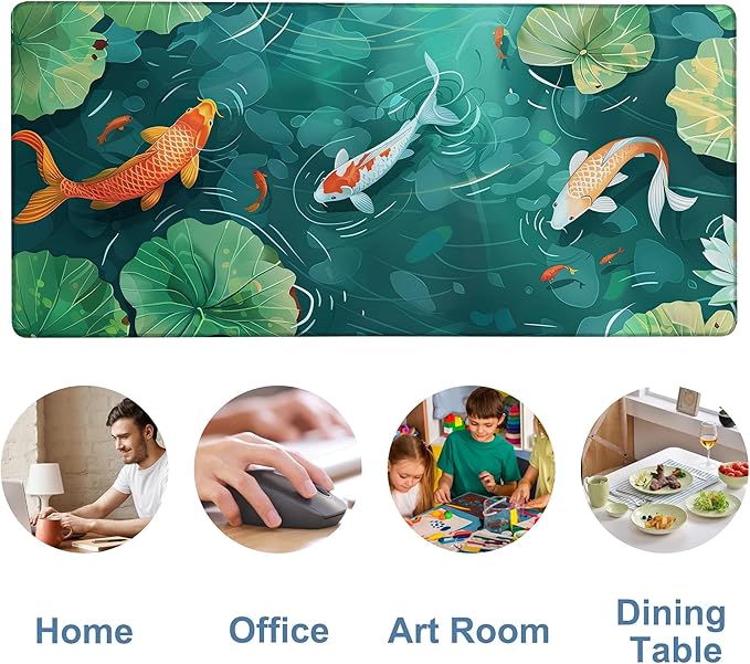 Colorful Koi Fish Gaming Mouse Pad 3mm Thick Stitched Edge Waterproof Non-Slip Large Computer Keyboard Mouse Mat,Suitable for Office Entertainment Decorative Desk Pad 35.4 x 15.7 Inches