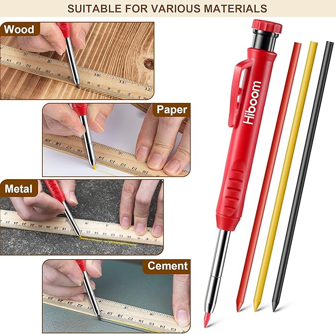 Hiboom 2 Pack Solid Carpenter Pencils with Pencil Cap and 18 Refills, Long Nose Deep Hole Mechanical Pencil Marker, Scribe Tool with Built-in Sharpener for Construction Woodworking Architect (Red)