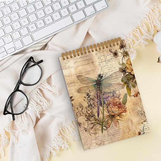 Dragonfly Top Spiral Notebook, Dragonfly Gifts for Women, Dragon Fly Journal Notebook, Vintage Dragonfly Notebooks for School Work, Dragonfly Floral Office Supplies Gifts for Women Men,5.5x8.3 In