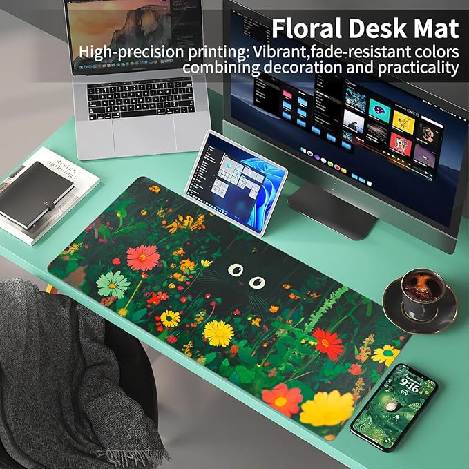 Bloss Green Mouse Pad,Large Floral Plants Desk Pads for Desktop,Cute Black Carton Cat Leather Desk Mat for Keyboard and Mouse,Computer Laptop Desk Protector Mat for Office/Home/Women Gift,31.5"x15.7"