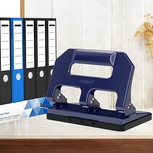 AFMAT HPX1 Heavy Duty 3 Hole Punch, 3 Hole Puncher for Binder, 40-Sheet Three Hole Punch w/ 10000+ Uses, Metal Hole Puncher 3 Ring, 50% Reduced Effort, Bulit-in S.S. Paper Guide (Blue)