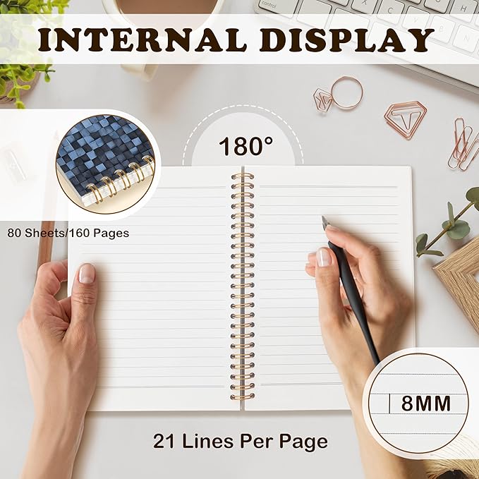 URLLUAE Navy Blue and White Checkered Notebook, Blue Grid Journal for Women Men, Abstract Aesthetic Cube Art Spiral Notebook Journals for Work School Office Supplies Gifts, 5.5x8.3 Inch