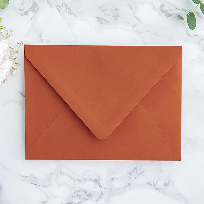 PONATIA 50PCS A7 Euro Flap Envelopes, 5.25 x 7.25'' Burnt Orange Flowers Liner Envelopes for 5x7 Wedding Invitations, Photos, Postcards, Greeting Cards, Christmas Gift Cards, Acrylic Mailing