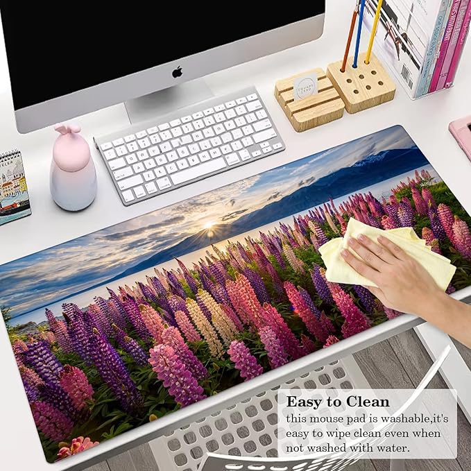 Desk Pad Protector, Mouse Pad, Office Desk Mat, Non-Slip PU Leather Desk Blotter, Laptop Desk Pad, Waterproof Desk Writing Pad for Office and Home (Lupine Flower)