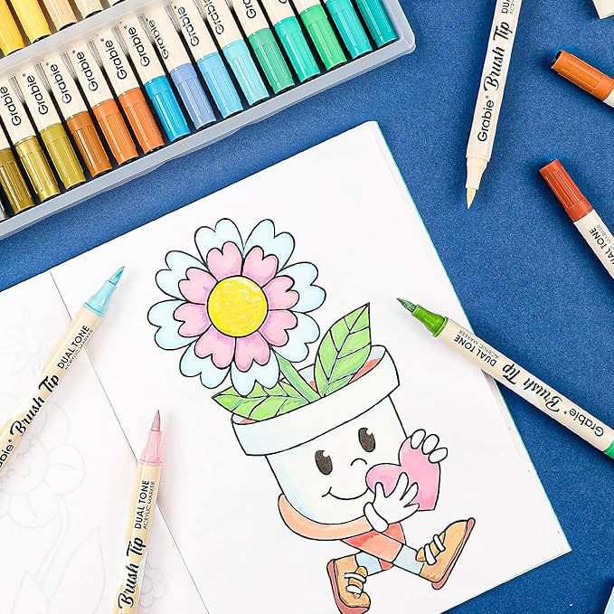 Grabie 72 Colors Acrylic Paint Markers, Soft Brush Tip Acrylic Markers Set, Water Based Acrylic Markers for Wood, Fabric, Canvas, Glass, Stone, Rock Painting and DIY Crafts Art Supplies, Set of 36