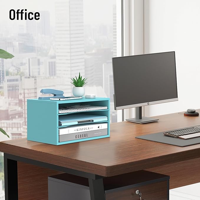 Wood Desk Organizer, 3 Tier Paper Tray Organizer for Desk with Adjustable Storage Shelves, Desktop Paper Sorter Mail Holder for Office Home Classroom, Blue