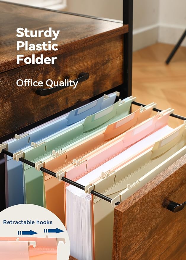 Plastic Hanging File Folders, 2'' Fixed Width, No Support Insert Needed, Heavy Duty File Folders for Filing Cabinet, Insertable Tabs, Letter Size, Pastel Colors - 12 Pack