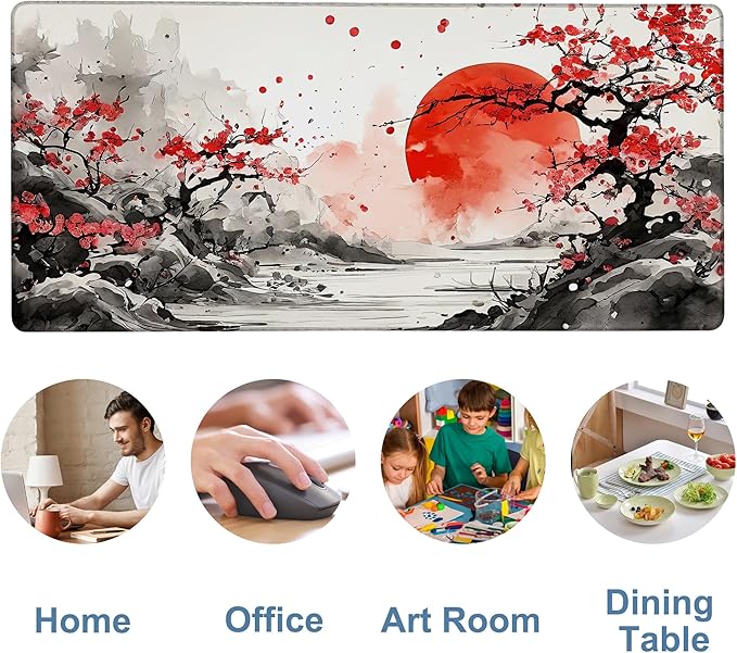 Large Mouse Pad Ink Painting Gaming Desk Pad Computer Keyboard Non-Slip Waterproof Mouse Mat with Rubber Base and Stitched Edges Entertainment Office Writing Desk Mat 35.4 x 15.7 Inches