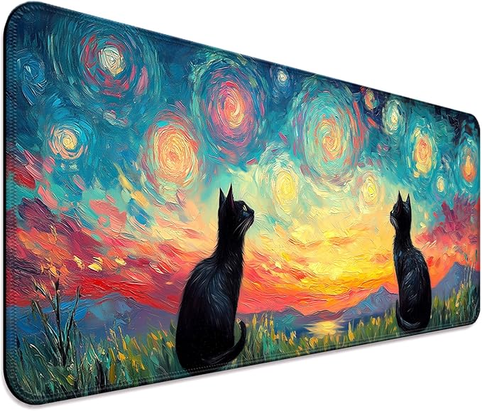 Cute Black Cat Fantasy Starry Night Gaming Desk Mat, Computer Keyboard Large Extended Long Animal Mouse Pad for Office and Home, XL (W03)