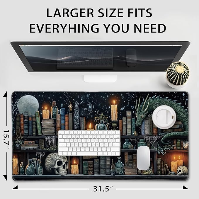 Mystical Gothic Library Large Gaming Mouse Pad 31.5"x15.7"｜ Vintage Book-Themed XXL Desk Mat, Non-Slip Rubber Base & Stitched Edges - Extended Mousepad for PC/Laptop/Office/Home Decor