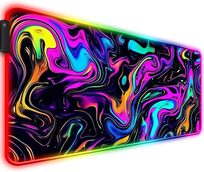RGB Abstract Colorful Marble Swirl Fluid Gaming Desk Mat, Computer Keyboard Large Extended Long LED Mouse Pad for Office and Home, XL (W22)