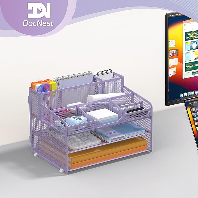Docnest 3 Tier Mesh Desk Organizer for Paper Office Supplies – Multi-Functional Letter Tray with 5 Adjustable Compartments, 3 Pen Holders, Desktop Storage for Files, Mail, Stationery – Purple
