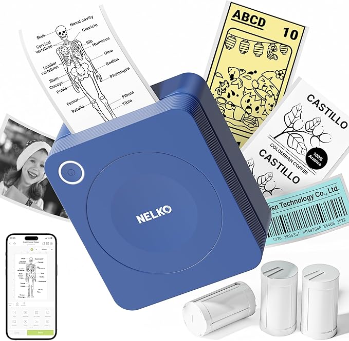 Nelko Sticker Printer, PM230 Print Pod Mini Bluetooth Portabel Sticker Maker with 3 Rolls Paper, Print Pods Mini Printer with Multiple Templates for Phone & Tablet，for School Office Home, Blue