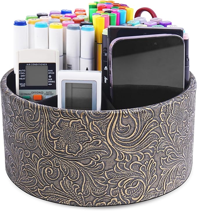 lizimandu Remote Control Holder, 360°Spinning PU Leather Desk TV Remote Caddy,Desk Storage Box Room Accessories for Controller, Media,Mail,Calculator, Mobile Phone,Pencil(1B-Carved Cooper Gold)