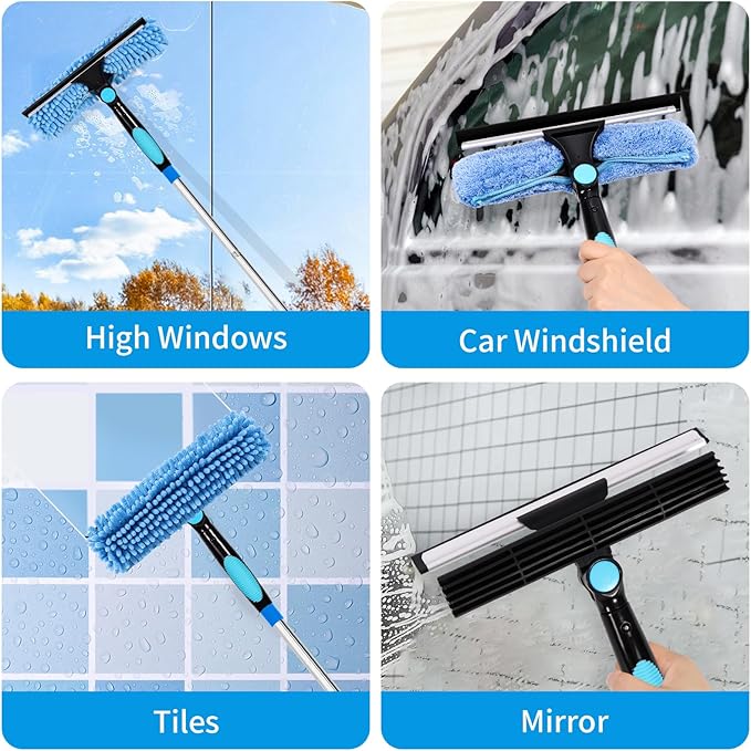 PHABULS Window Washing Kit with Extension Pole, 73’’ Window Cleaning Squeegee Kit, 3 in 1 Window Cleaning Kit with 2 Microfiber Pads & 2 Chenille Pads for Indoor Outdoor Windows