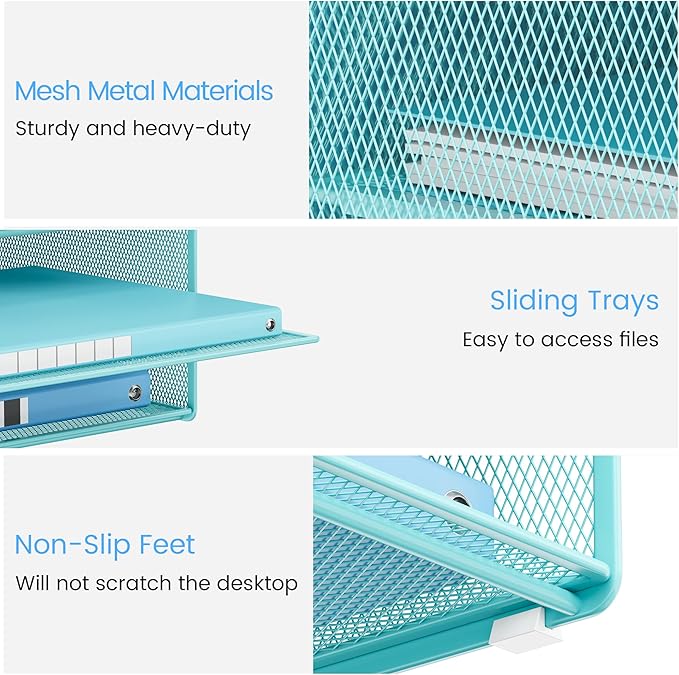 Lavatino Desk Paper File Organizer - Metal Mesh with 2 Letter Trays, 7 Flexible Dividers, 2 Vertical File Folder Holders for Office/Home/Classroom Supplies, Desk Organizers and Accessories, Blue
