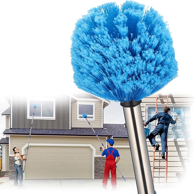 Extended Reach Cobweb Duster with 4-Foot Pole - Medium Bristle Brush for Ceiling, Wall, and Indoor/Outdoor Cleaning, Lightweight Stainless Steel (4FT)