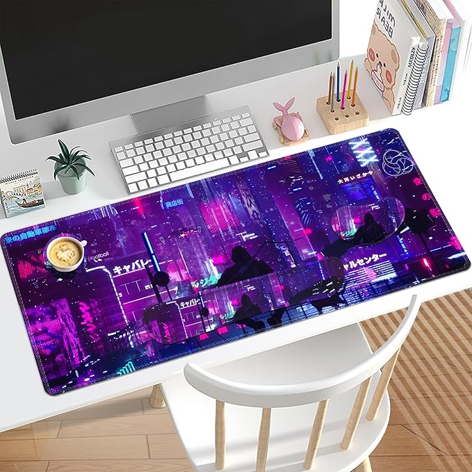 Anime Neon Large Mouse Pad and Keyboard Wrist Rest,Purple Extended Mouse Pad with Wrist Support Ergonomic, Non-Slip Desk Mat, Desk Protector Blotter for Home Office, Warrior Cat