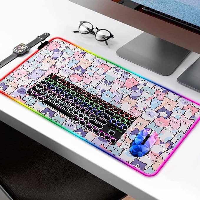 RGB Pink Cat Mouse Pad, Large LED Gaming Light Up Computer Mousepad, Long Glowing PC Laptop and Keyboard Office Desk Mat for Women