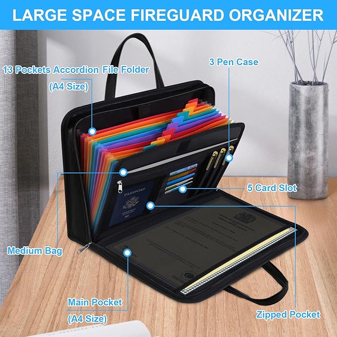Portable Fireproof Important Document Organizer Binder with Lock for A4 Size, 13-Pocket Expanding File Folder with Zipper for Personal Document Storage, Business, and Estate Planning