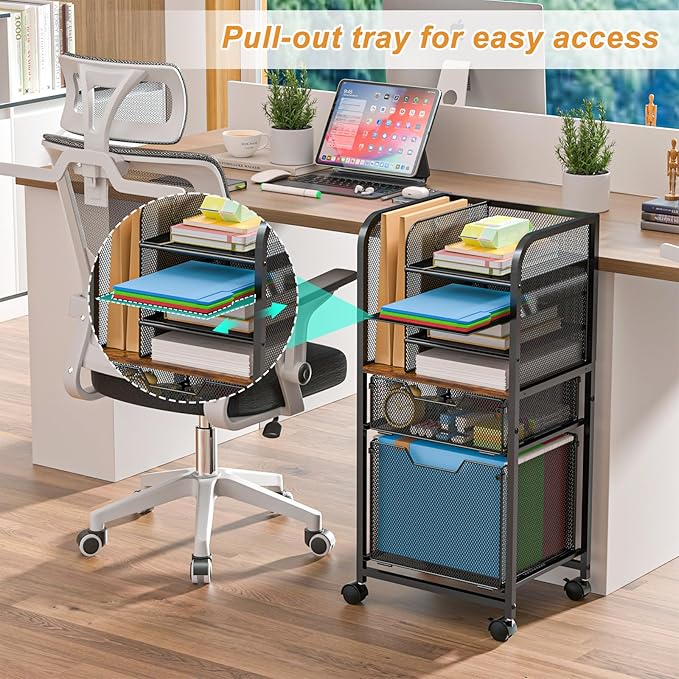 6-Tier Rolling File Cart with 2 Drawers, File Cabinet Organizer for Hanging File Folders, Letter-Size File Storage with Wheels, Multi-Layer Mobile Filing Cabinet for Office and Home