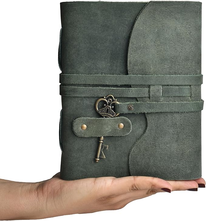 LEATHER VILLAGE Vintage Leather Journal – 200 Handmade Vintage Deckle Edge Paper – Leather bound Journal For Women Men – Vintage Key Closure - Book of Shadows - Aqua - 6X4 inches (A6)