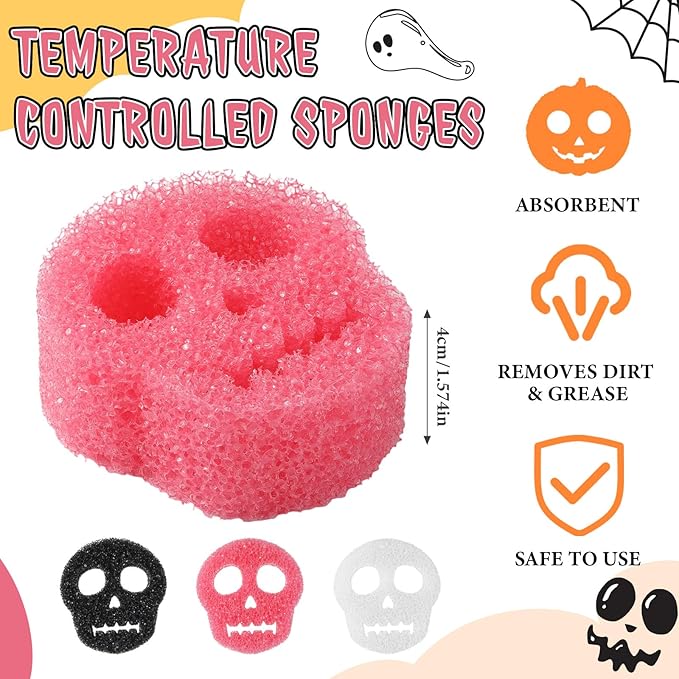 3 Pcs Dual Sided Scrub Sponge Multi Functional Cute Temperature Sensitive Non Scratch Dish Sponge for Washing Dishes Kitchen Bathroom (Skull,Pink, Black, White)