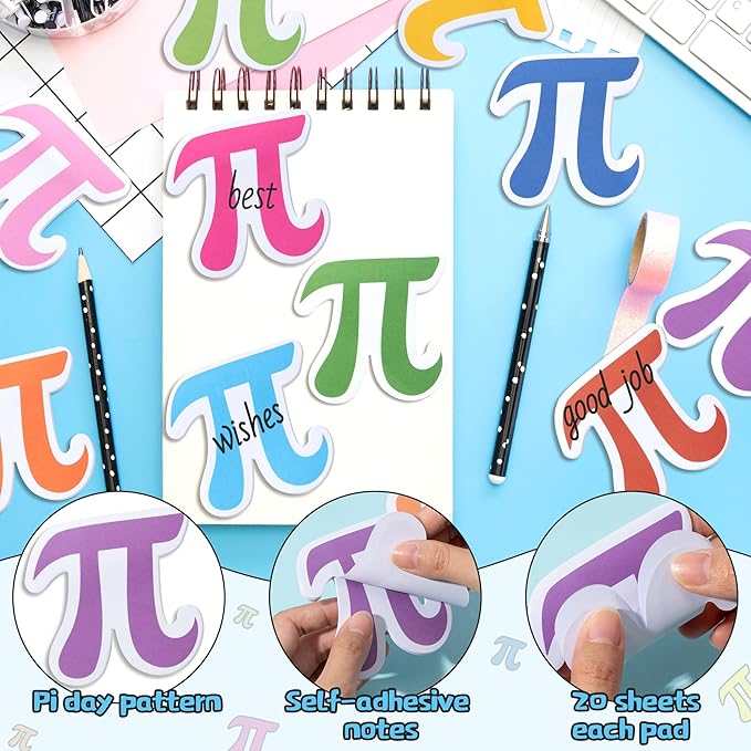 CJiangpo 30Pcs Pi Day Sticky Notes Pads, 600 Sheets Colorful Self Stick Notepad Memo Pads Cute Funny Page Marker Classroom Rewards Pi Day Math Party Favors Filler Gifts for Kids