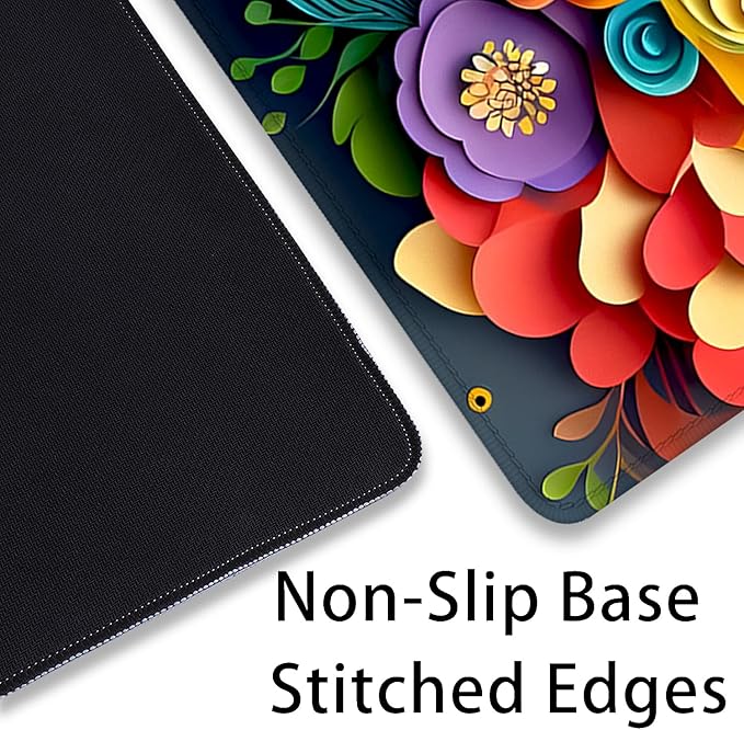 Rainbow Spring Flowers Desk Pad Mouse Pad,Floral Prints Extended Large Gaming Mouse Mat with Stitched Edges,Non-Slip Waterproof Rubber Base Mousepad for Office Work Home Desk Mat(27.5X11.8 in)