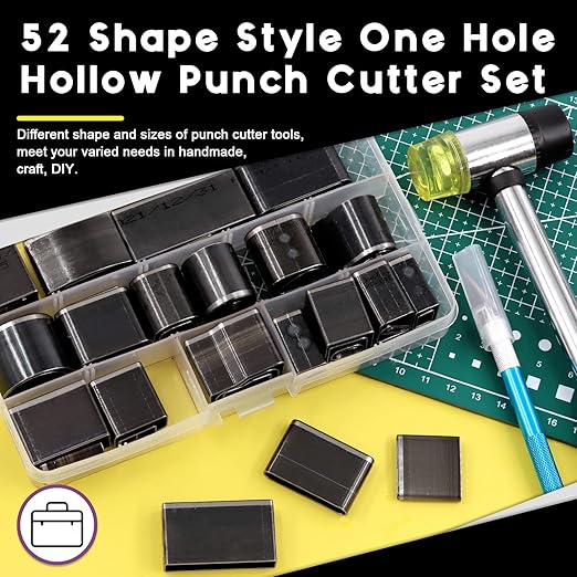 Swpeet 55Pcs Hollow Punch Cutter Tool and Cutting Pad with Craft Knife and Hammer Assortment Kit, Hole Hollow Punch Cutter Set Leather Cutting Tools Punching Handmade Cutting Tool with Case