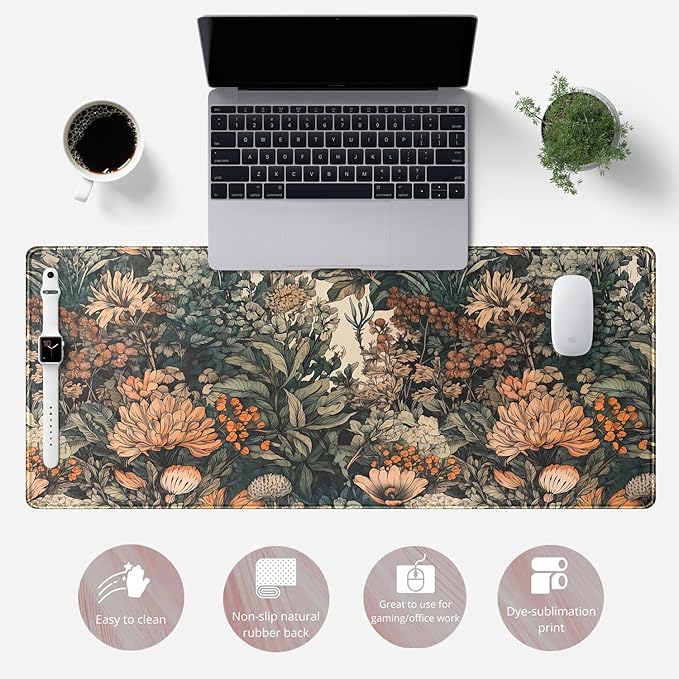 Flower Vintage Desk Pad Aesthetic Desk Mat Flower Mouse Pad Computer Big Mousepad Non-Slip Base Gaming Keyboard Giant Mouse Pad Computer Mat for Laptop Office with Stitched Eges 31.5x11.8 in