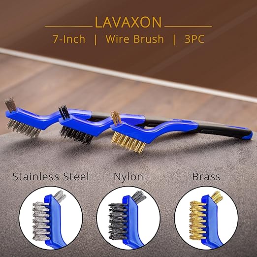 Lavaxon Wire Brush Set 3Pcs - Nylon/Brass/Stainless Steel Bristles with Curved Handle Grip for Rust, Dirt & Paint Scrubbing with Deep Cleaning – 7 Inches (Blue)