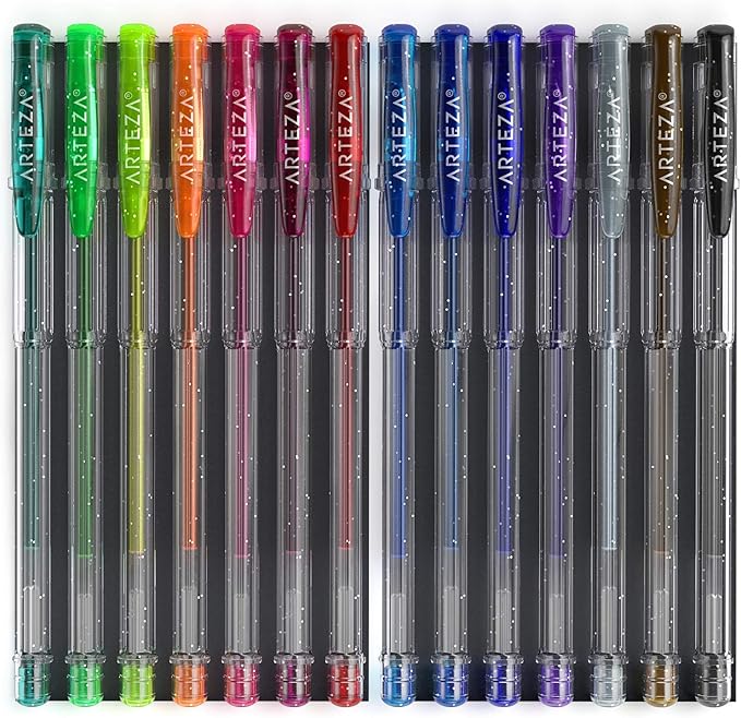 ARTEZA Glitter Gel Pens, Set of 14 – Colored Ink Markers with Triangular Grip, 0.8–1.0 mm Tip for Adult Coloring, Drawing & Decorative Writing