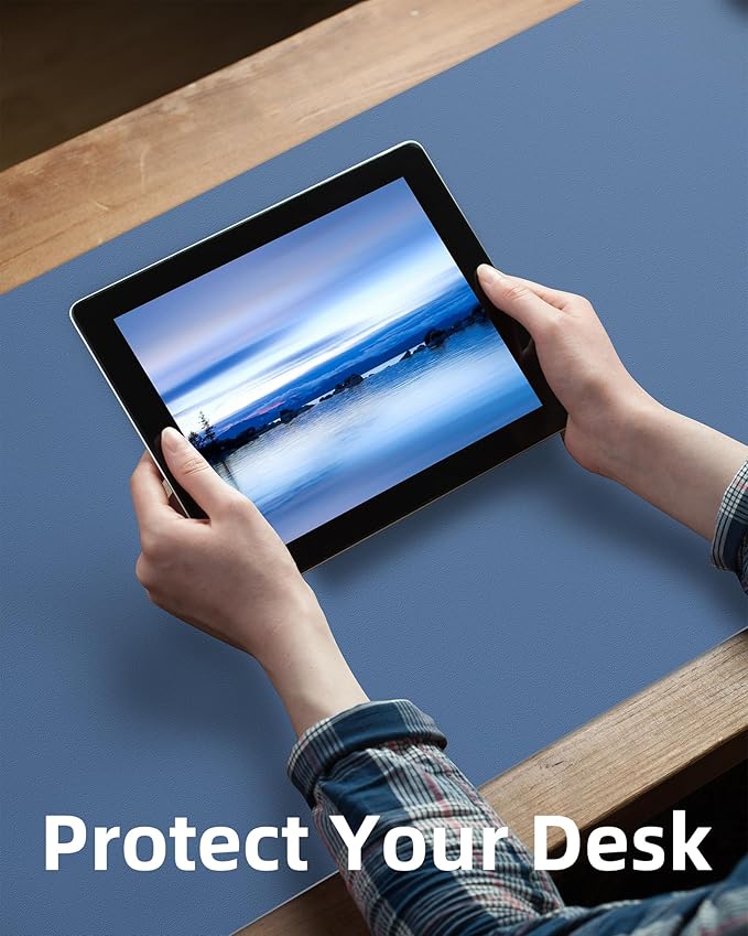 AFIING Leather Desk Pad Protector,Mouse Pad,Office Desk Mat, Non-Slip PU Leather Desk Blotter,Large Desk mat,Waterproof Keyboard mat for Office/Home/Decor (Grey Blue,55"" x 17"")