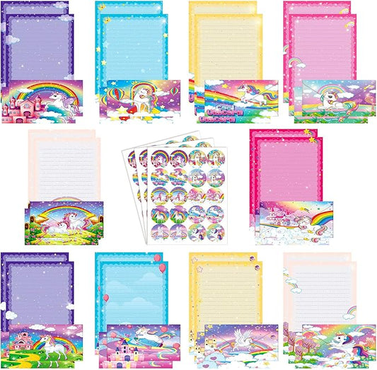 TaoBary 160 Pcs Stationery Paper Set 50 Double Sided Stationery Papers with 50 Matching Envelopes and 60 Round Dot Sticker, 10 Design(Unicorn,8.5 x 11 Inch)