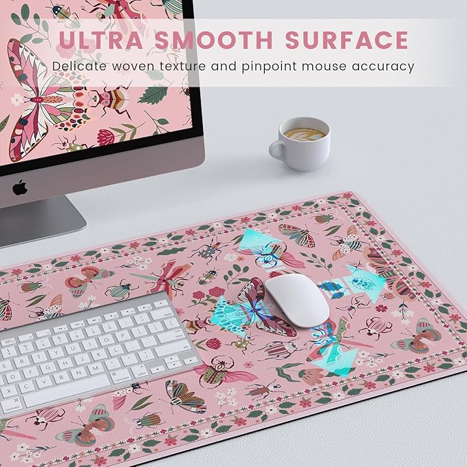 HAOCOO Pink Desk Pad Mat, Cute Keyboard Mat, Large Mouse Pad for Desk, Cute Desk Mat with Edge Stitched, Non-Slip Desk Pad for Keyboard and Mouse, Gaming, Office
