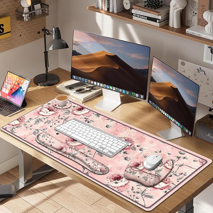4 in 1 Large Mouse Pad, Keyboard Wrist Rest Set, Ergonomic Mouse Pad with Wrist Support, Desk Mat with Stitched Edges Extended Desk Pad Waterproof Desk Mat for Home Office Game I Pink Rose Flowers