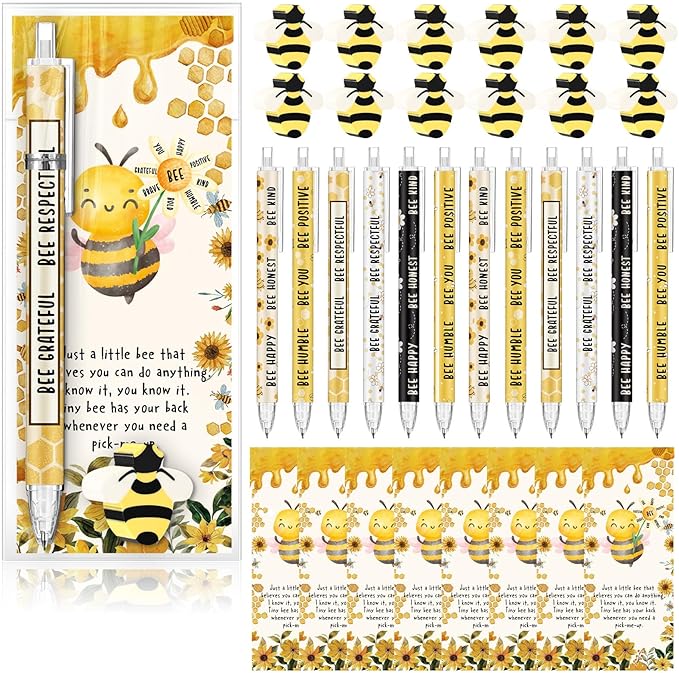 60 Sets Christmas Inspirational Gifts Bee Pencils Bulk 6 Styles 0.7 mm Mechanical Pencils with Erasers Positive Cards for Xmas Holiday for Student Teacher Coworker School Office Supplies