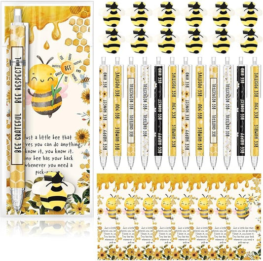 60 Sets Christmas Inspirational Gifts Bee Pencils Bulk 6 Styles 0.7 mm Mechanical Pencils with Erasers Positive Cards for Xmas Holiday for Student Teacher Coworker School Office Supplies