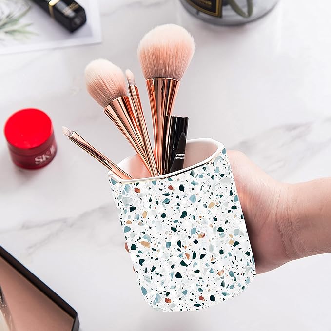 Pen Holder, Makeup Brush Holder Ceramic Shiny Gold Terrazzo Marble Stone Pattern Pencil Cup for Girls Kids Women Durable Stand Desk Organizer Storage Gift for Office, Classroom, Home Light Blue