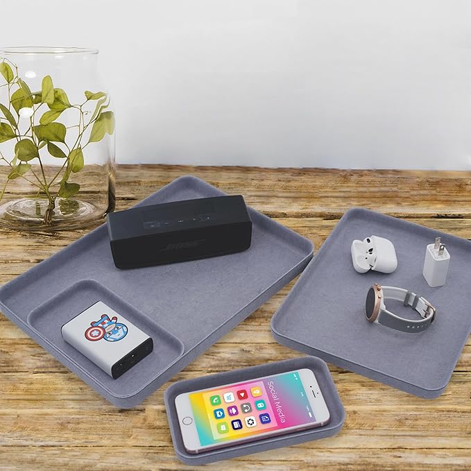 Welaxy EDC Catchall Desk Organizer felt tray stylish nightstand multi tray Entryway Bedside Caddy for Keys Phone Wallet Watch Glasses Pens Office Accessory minimalist living 4-piece (Glacier Gray)