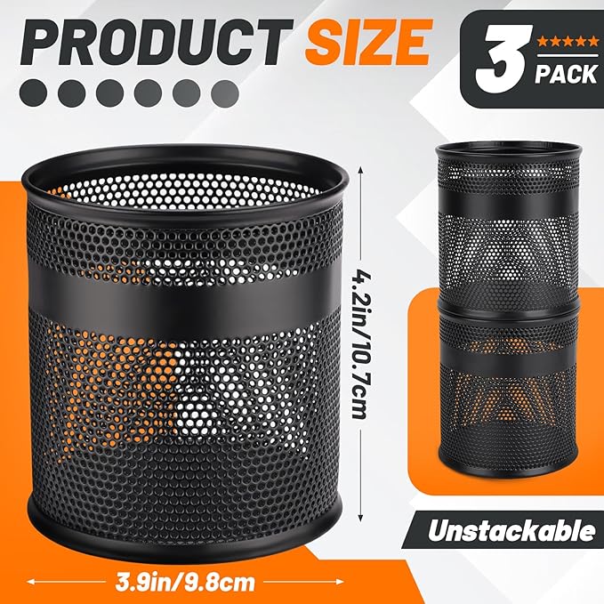 Segarty Pen Cup, 3 Pack Black Pen Holder for Desk, 3.9 x 4.2 inch Large Metal Round Pencil Container Set Marker Holder for Office Supply, Desktop Accessories, Makeup Brush, School Student Teacher