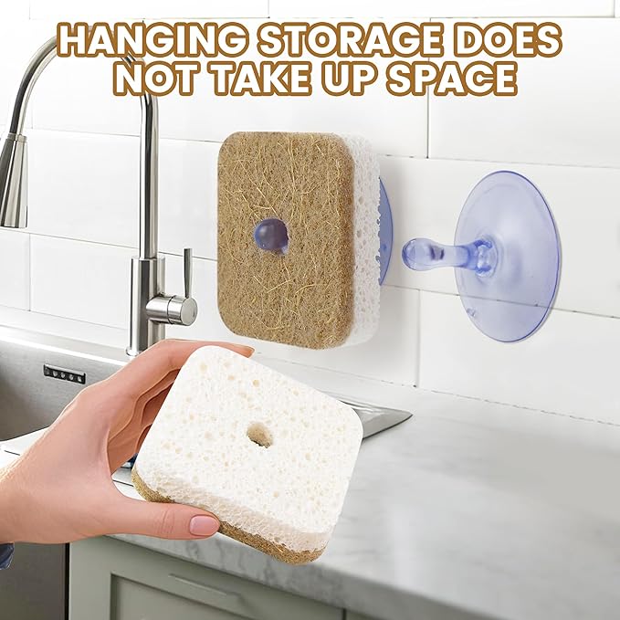 6pcs Scrub Sponges with Suction Cup Hook, Natural Kitchen Sponge, Biodegradable Compostable Cellulose and Coconut Non-Scratch Sponges, Cleaning Sponges for Dishes