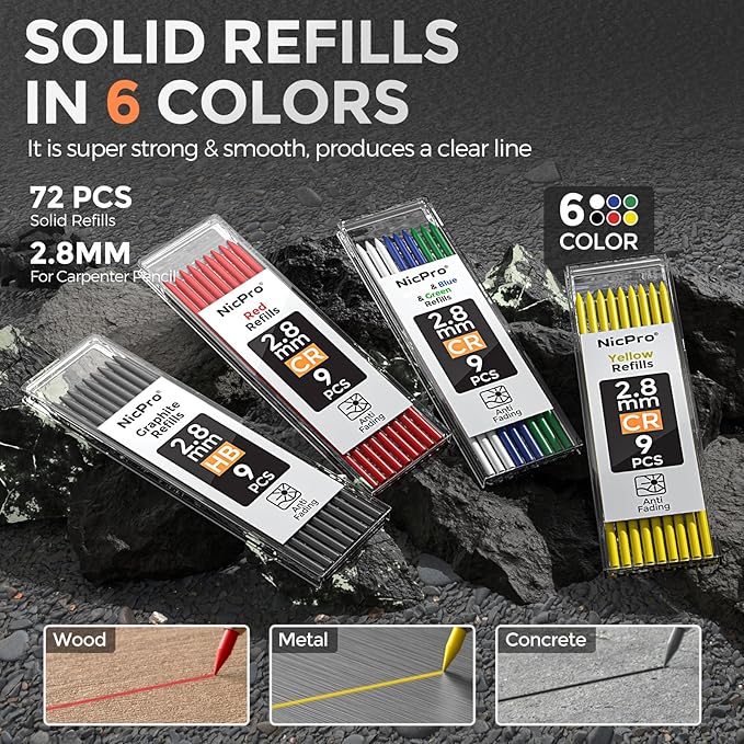 Nicpro 6 Pack CP3000 Carpenter Pencils with Sharpener, Mechanical Pencil Set with 78 Refill, Heavy Duty Construction Pencil, Carpenter Tools for Architect Marking (Red,Black,Yellow,Orange,Green,Blue)