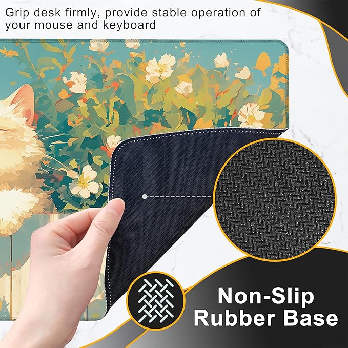 Gaming Mouse Pad, Cute Happy Cat with Flower Large Desk Mat for Keyboard and Mouse,Non-Slip Rubber Base and Stitched Edges Desk Pad for Home Office 35.4x15.7in