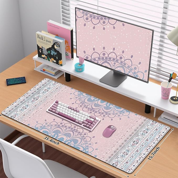 Pink Rug Desk Mat Retro, Large Desk Matt for Desktop, CuteDesk Pad Mat, XXL Big Mouse Pad, Anti-Slip Mousepad with Stitched Edges, Keyboard Pad MouseMat Cover for Computer 35.4×15.7 in