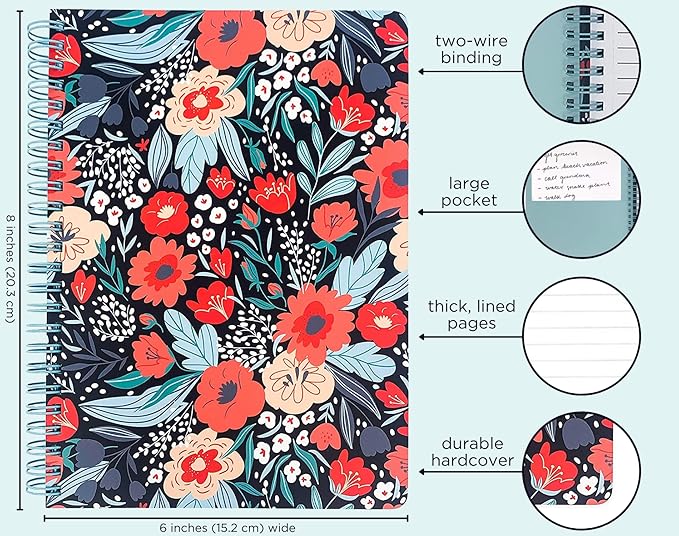 Steel Mill & Co Cute Red/Blue Mini Spiral Notebook, 8.25" x 6.25" Journal with Durable Hardcover and 160 Lined Pages, Folk Floral