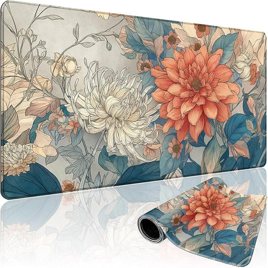 Japanese Minimalist Floral Large Gaming Mouse Pad 31.5"x15.7"｜ Aesthetic Flower XXL Desk Mat, Non-Slip Rubber Base & Stitched Edges - Extended Mousepad for PC/Laptop/Office/Home Decor