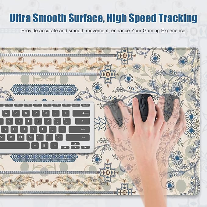 Beige Mouse Pad Desk Mat, Large Floral Desk Matt for Desktop, Cute DeskPad Mat, XXL Big Mouse Pad for Desks, Anti-Slip Mousepad with Stitched Edges, Keyboard Pad MouseMat Cover for Computer 35.4×15.7