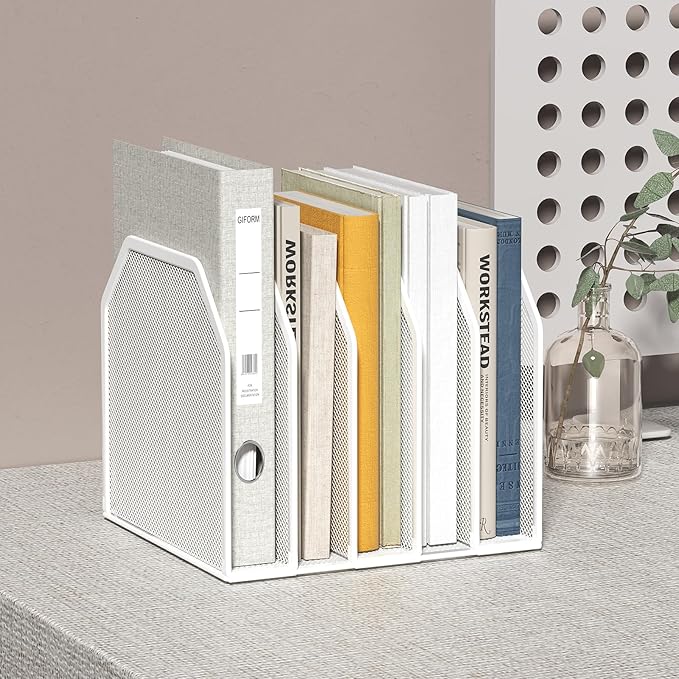 Vertical File Organizer for Desk - Metal Mesh File Holder with 5 Compartments, File Folder Rack & Document Storage Stand, File Sorter for Office/Home/School Use - 9.3" x 8.5" x 7.9"